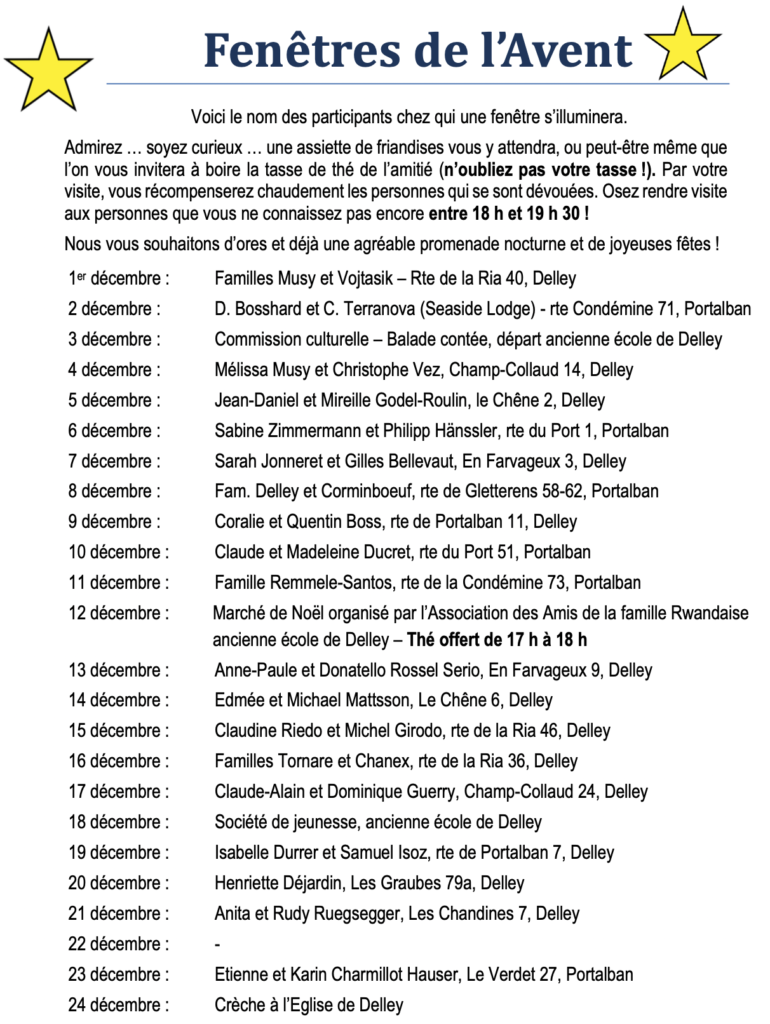 Dates et lieux Fenêtre de l'Avent 2021